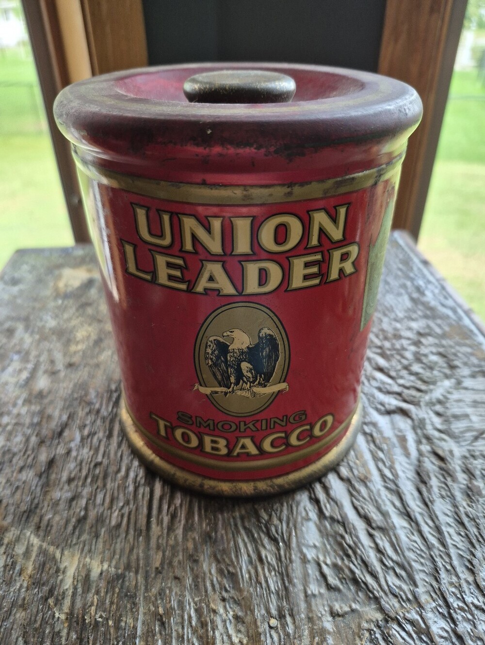 Antique Union Leader Tobacco Canister With Unique Lid